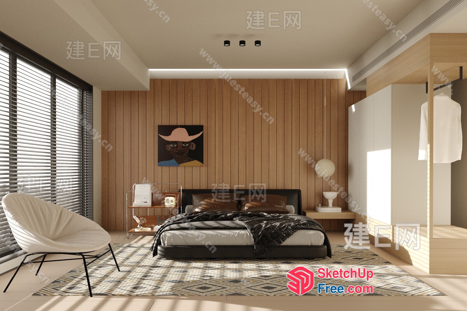 Modern Minimalist Bedroom With Natural Wood Accents 3D SketchUp File