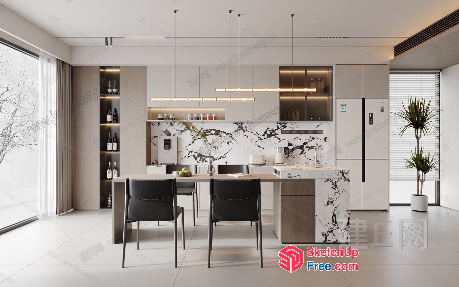 Modern Minimalist White Kitchen With Sleek Marble Accents 3D SketchUp File