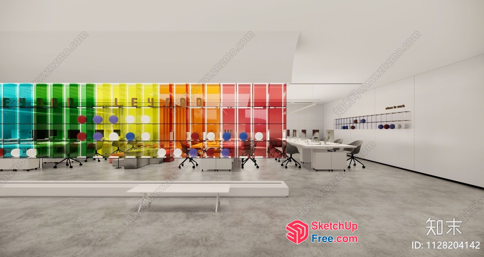Colorful Glass Wall And Office Furniture 3D SketchUp File