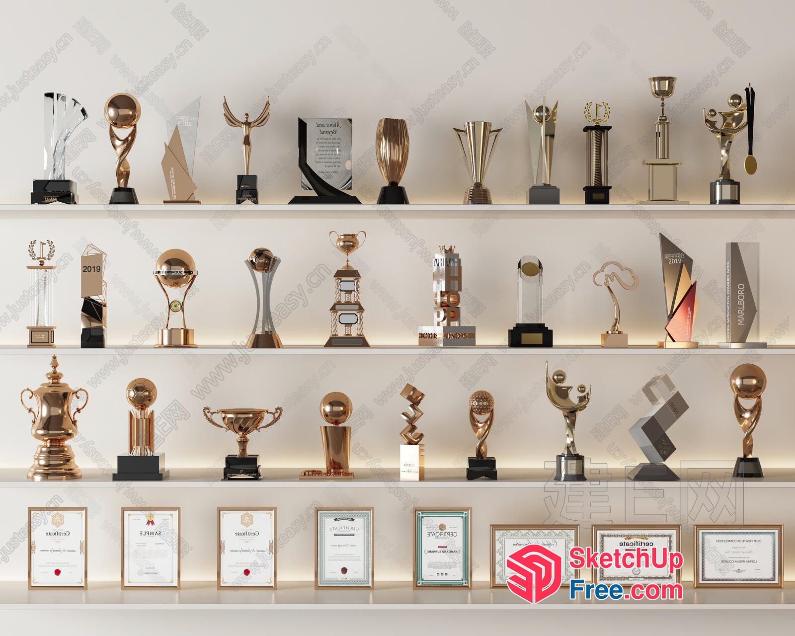 Elegant Shelves With Trophies And Certificates 3D SketchUp File