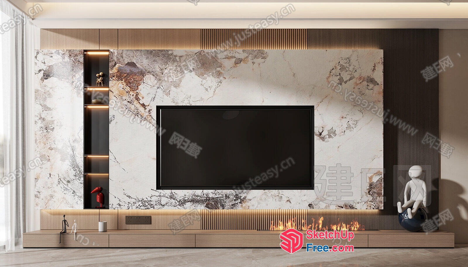 Elegant Modern Living Room With Fireplace And Tv 3D SketchUp File