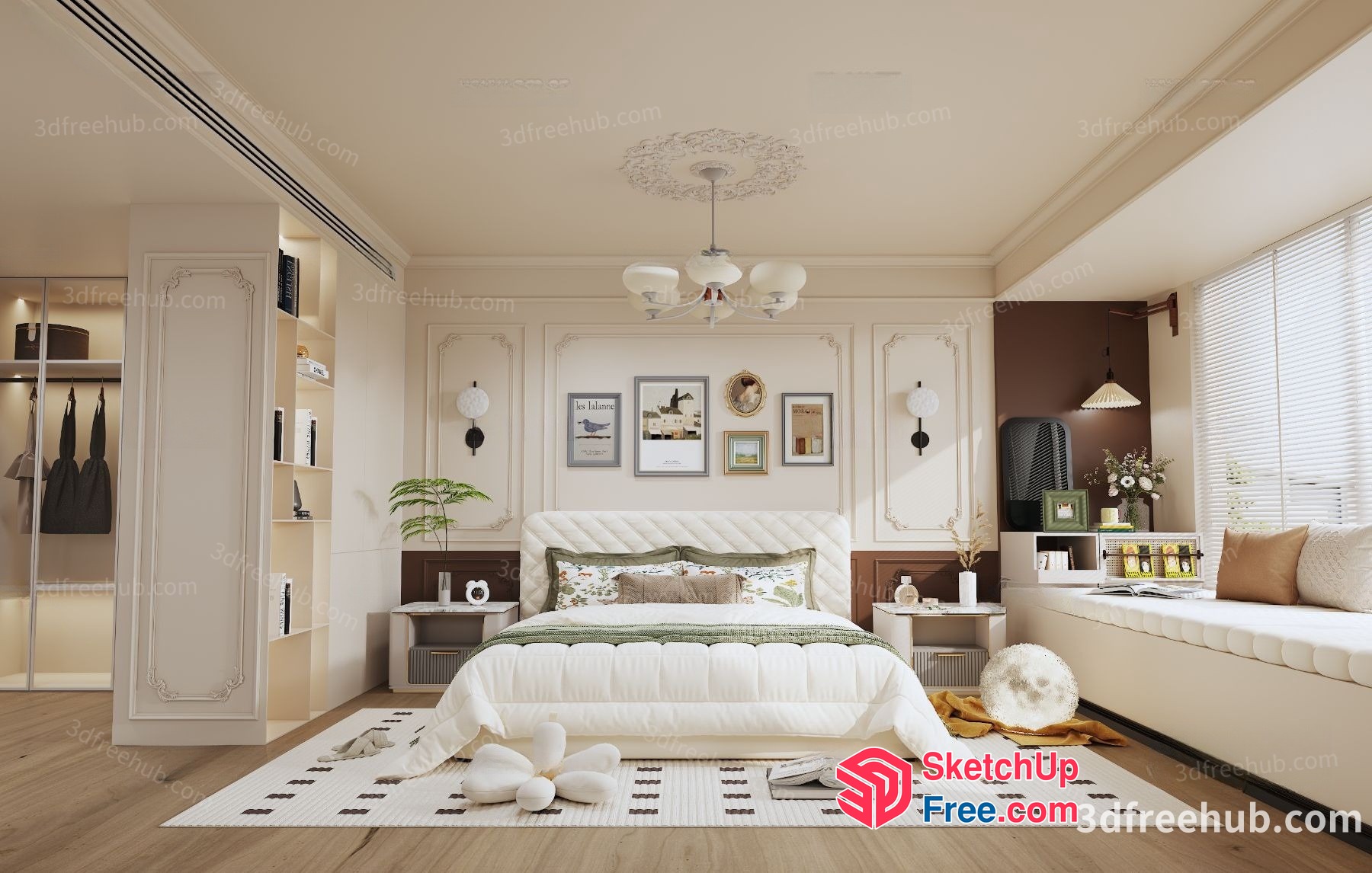 Classic Moulding Creamy Style Bedroom 3D SketchUp File