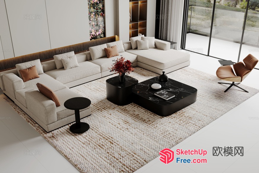 Modern Living Room With Creamy And Black Decor 3D SketchUp File