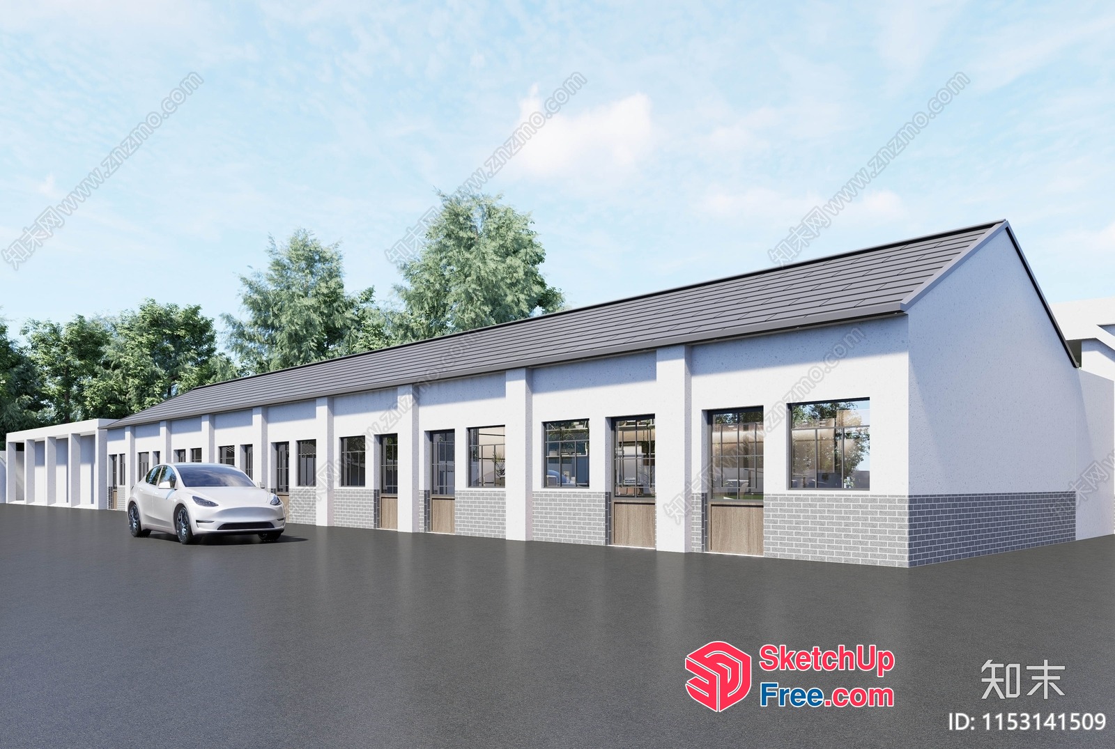 Modern Building With Garage And Parking Area 3D SketchUp File