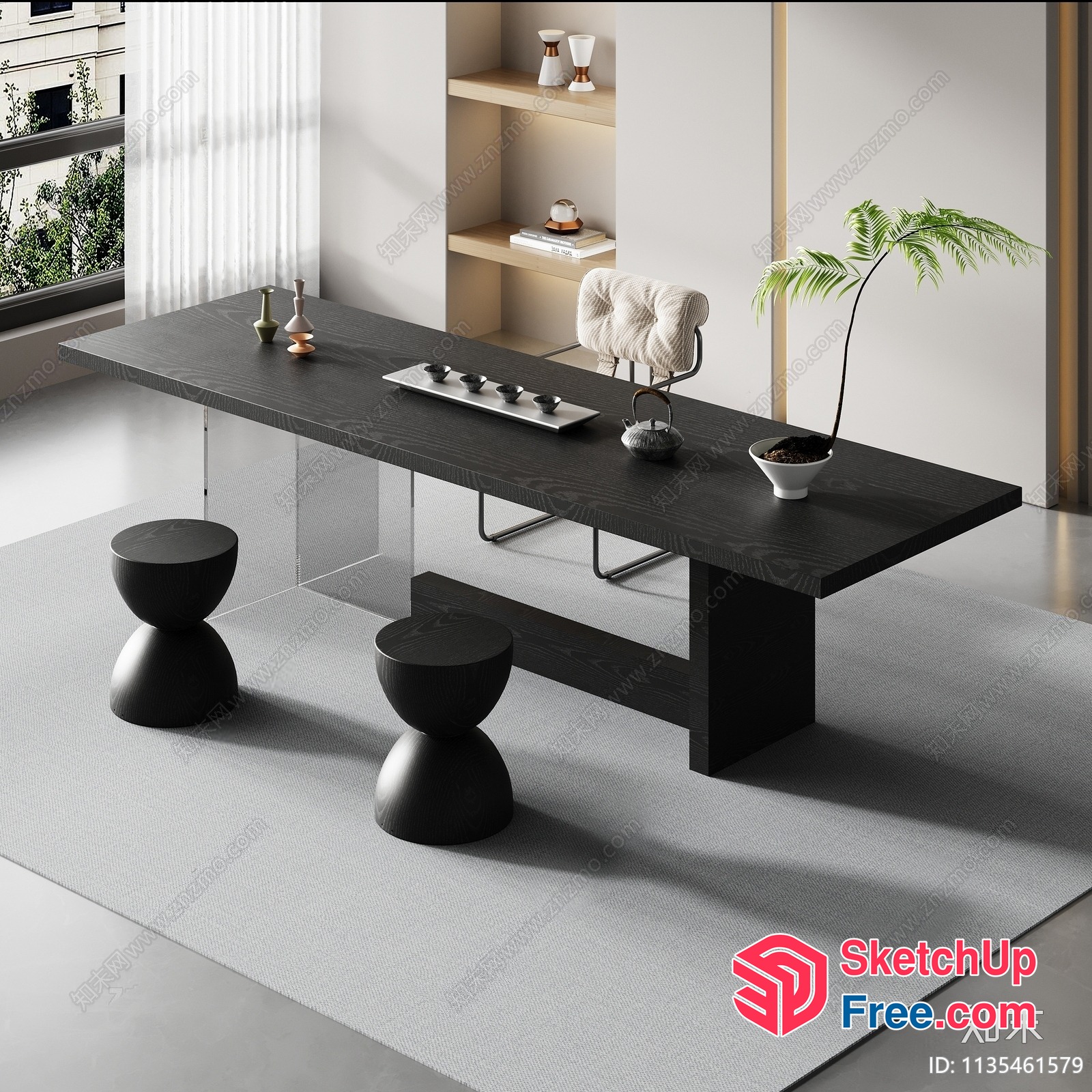 Modern Minimalist Japanese Style Dining Room With Large Table 3D SketchUp File