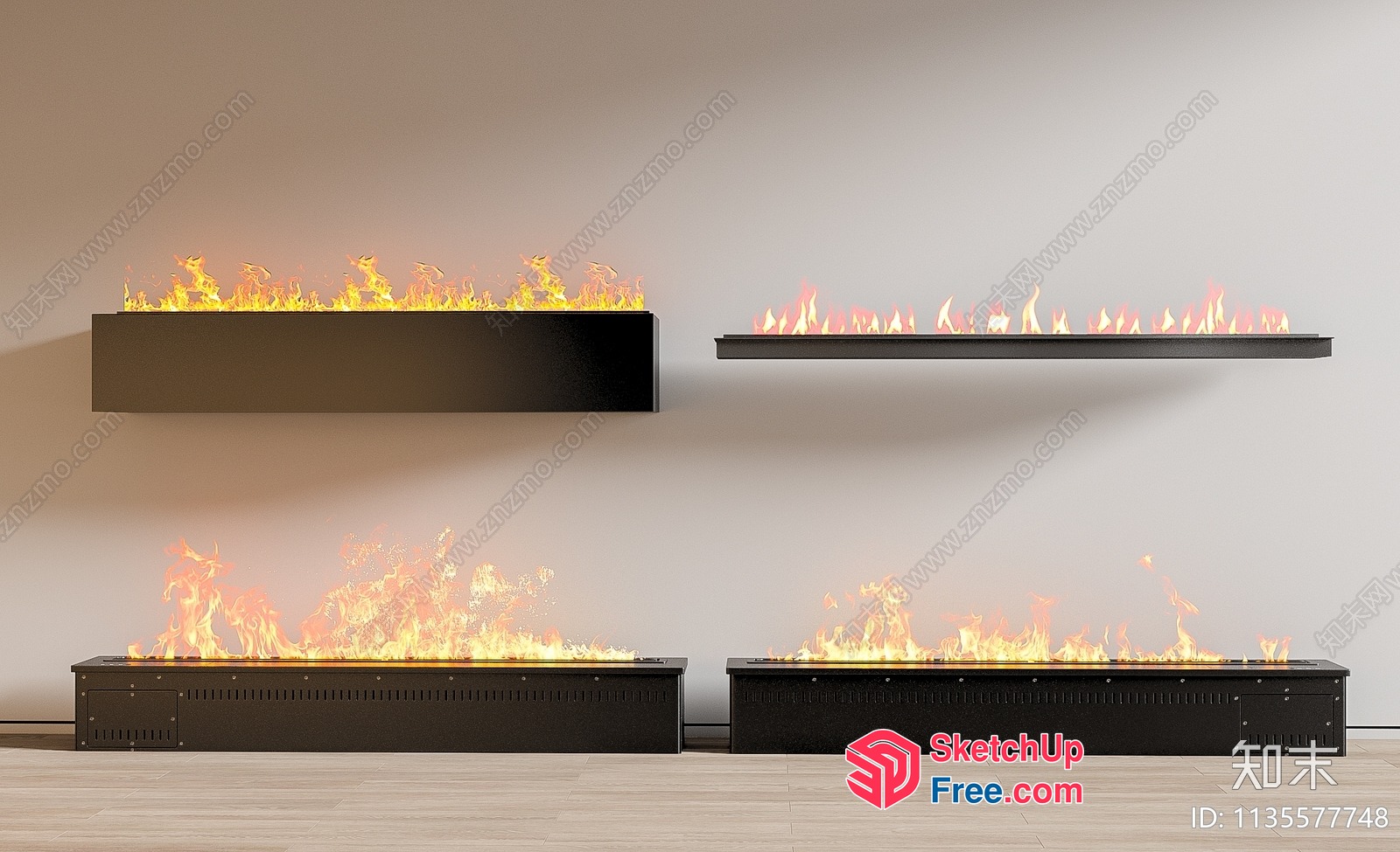 Modern Black Fireplaces With Vibrant Orange Flames 3D SketchUp File