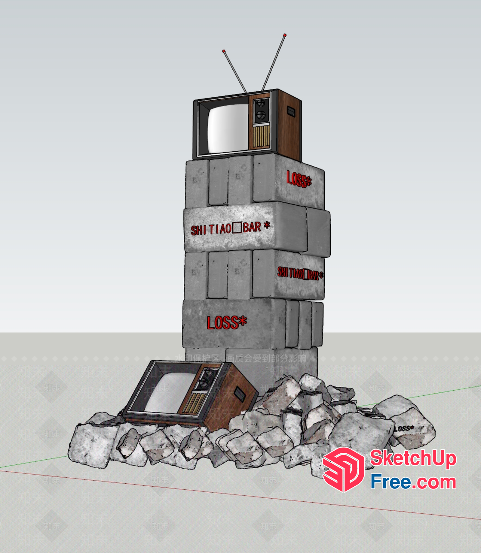 Broken Televisions On A Pillar Of Concrete Blocks 3D SketchUp File