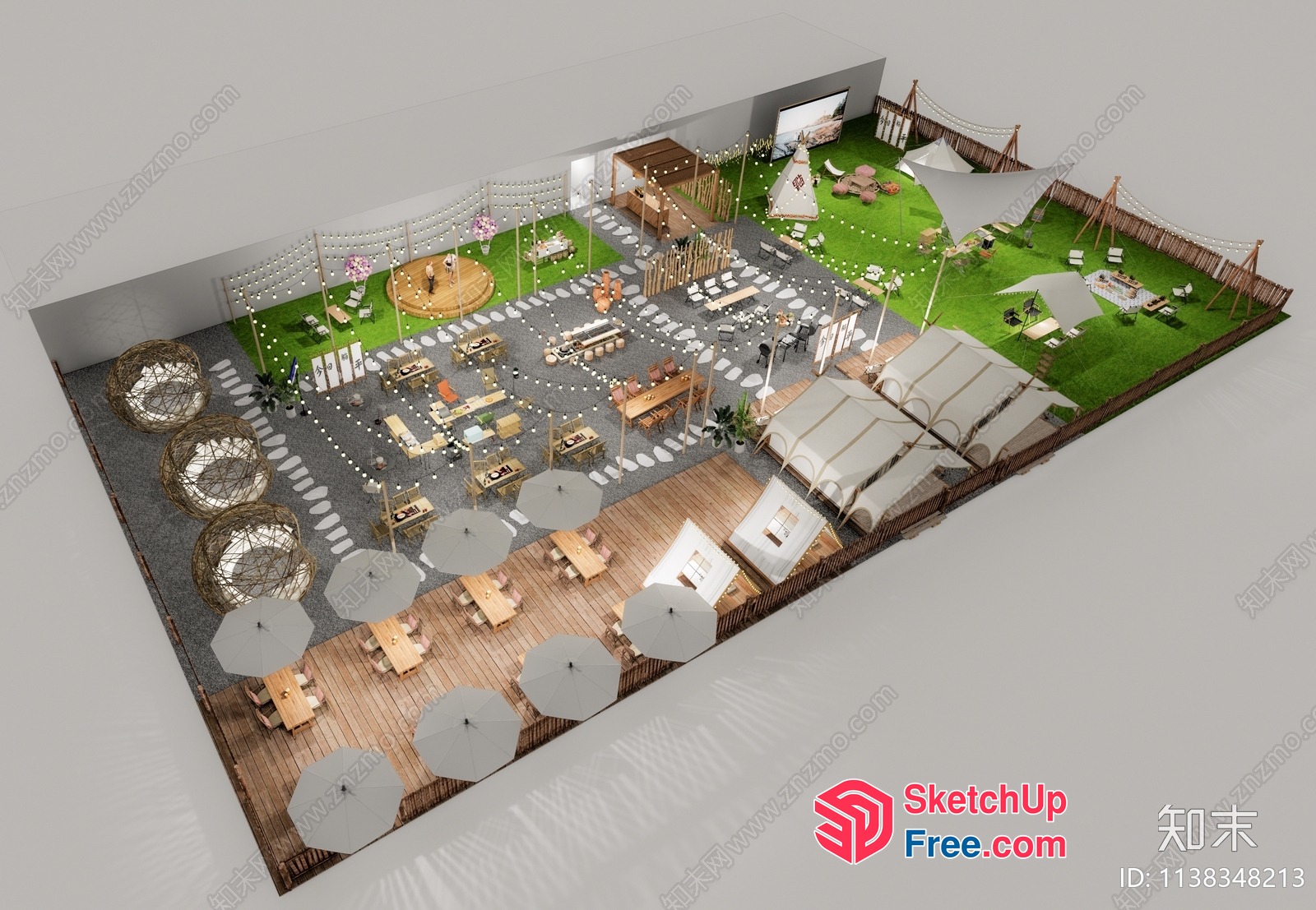 A 3D Rendering Of A Large Outdoor Space With Various Seating Areas And Amenities 3D SketchUp File