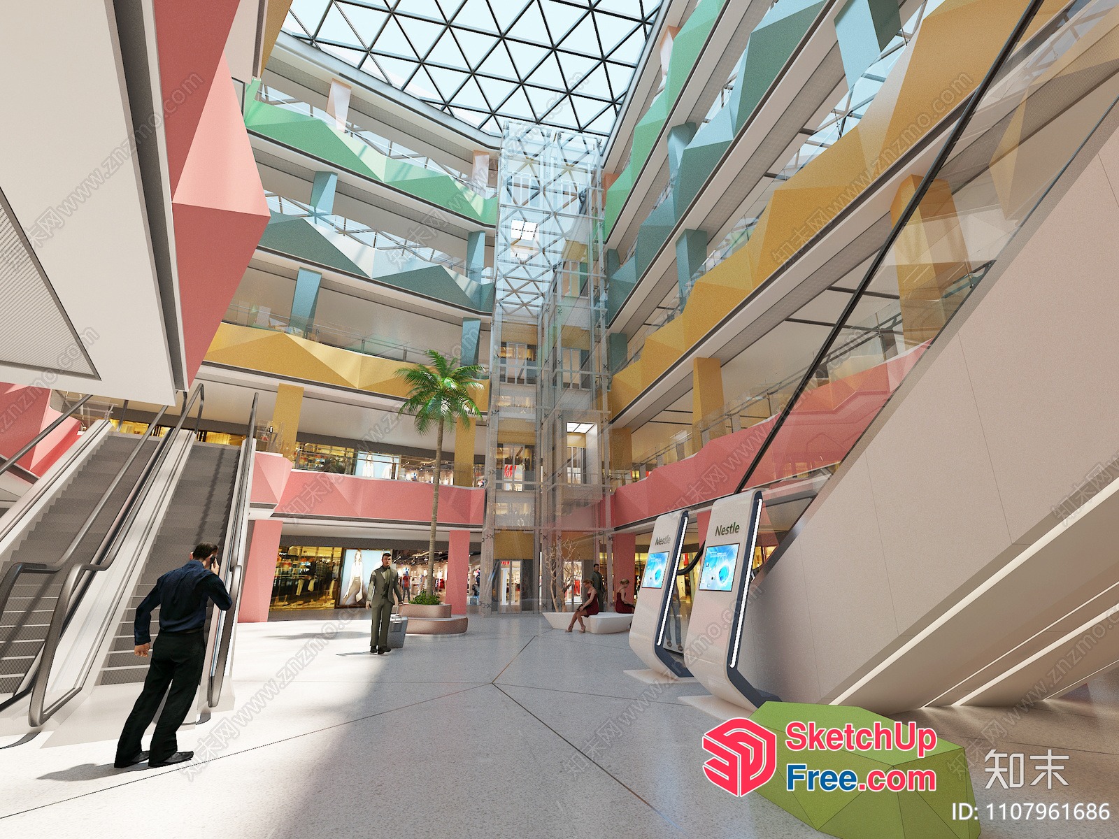 Colorful Modern Mall Interior With Glass Curtain Wall And Stairs 3D SketchUp File