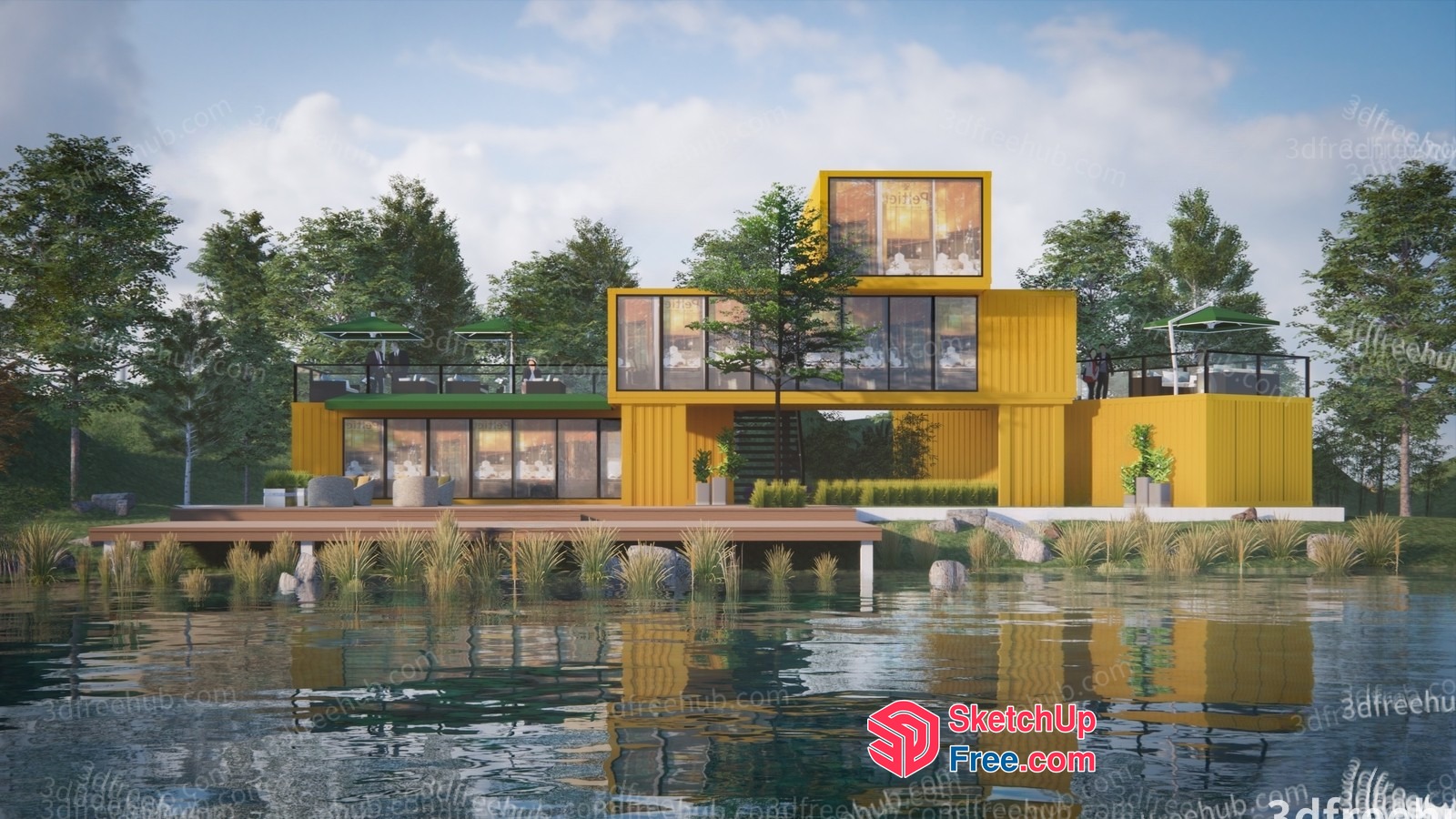 Modern Yellow Shipping Container House By Water 3D SketchUp File