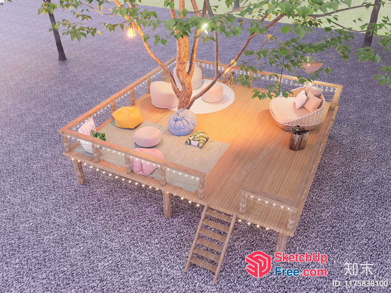 Cozy Outdoor Seating Area With Tree And Rattan Furniture 3D SketchUp File