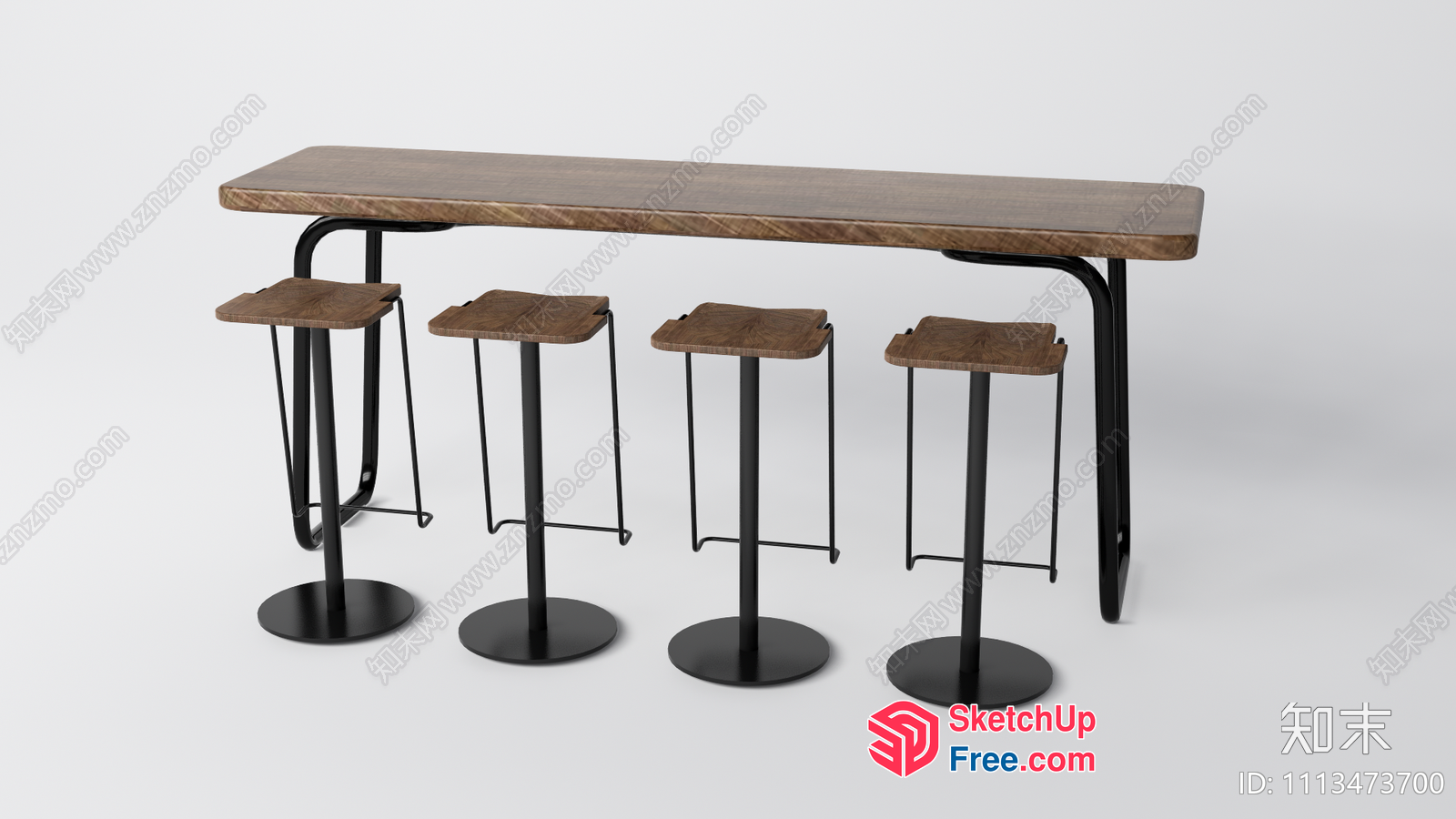 Elegant Bar Counter With Four Stools And Long Table 3D SketchUp File