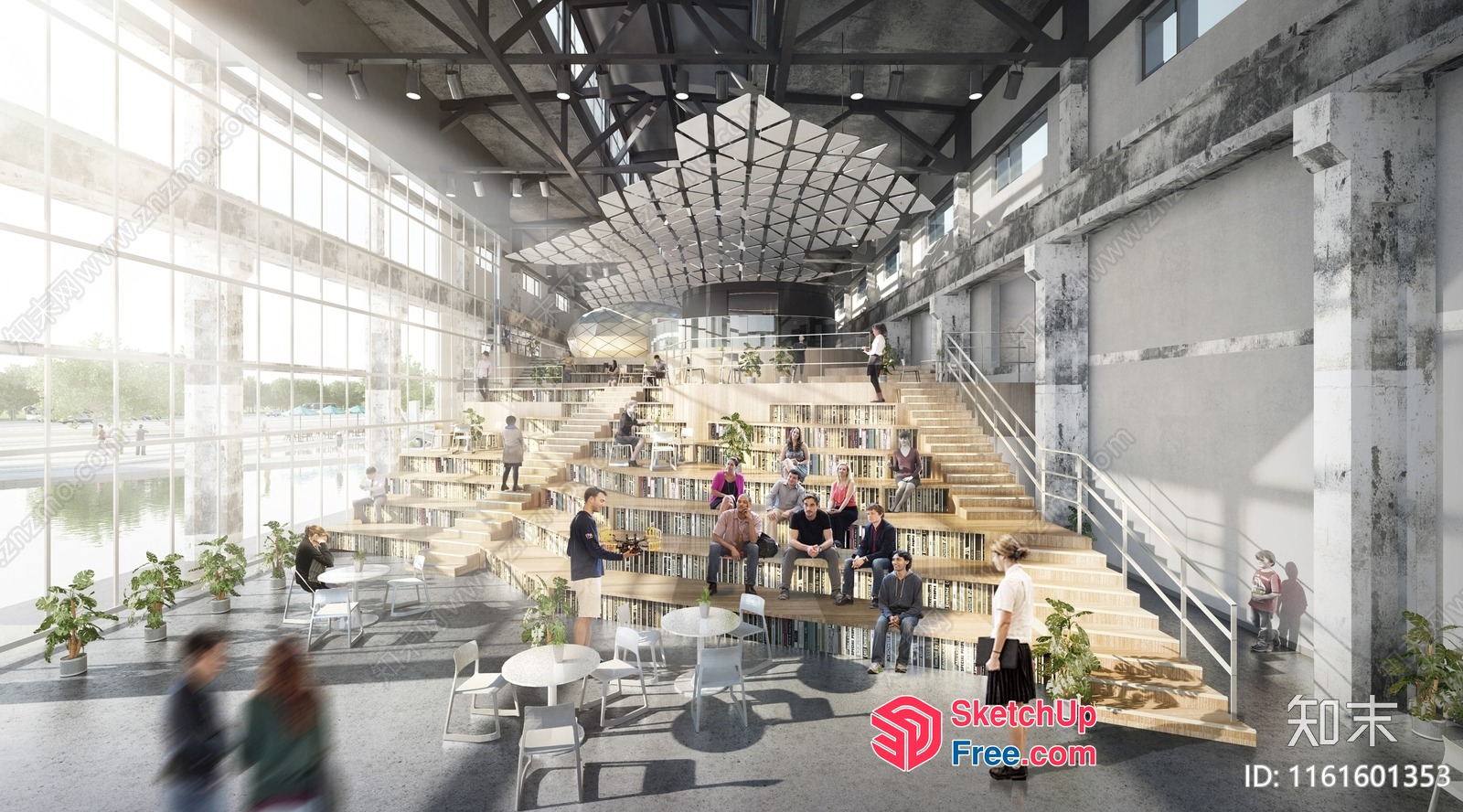 Modern Industrial-Style Library With Staircase And Large Windows 3D SketchUp File