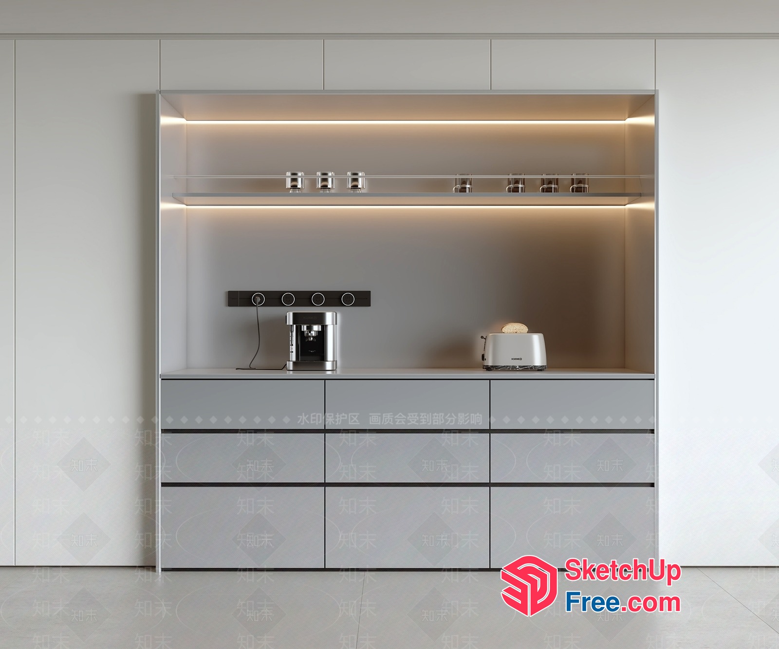 Modern Kitchen Storage With Lighted Shelving And Countertop 3D SketchUp File