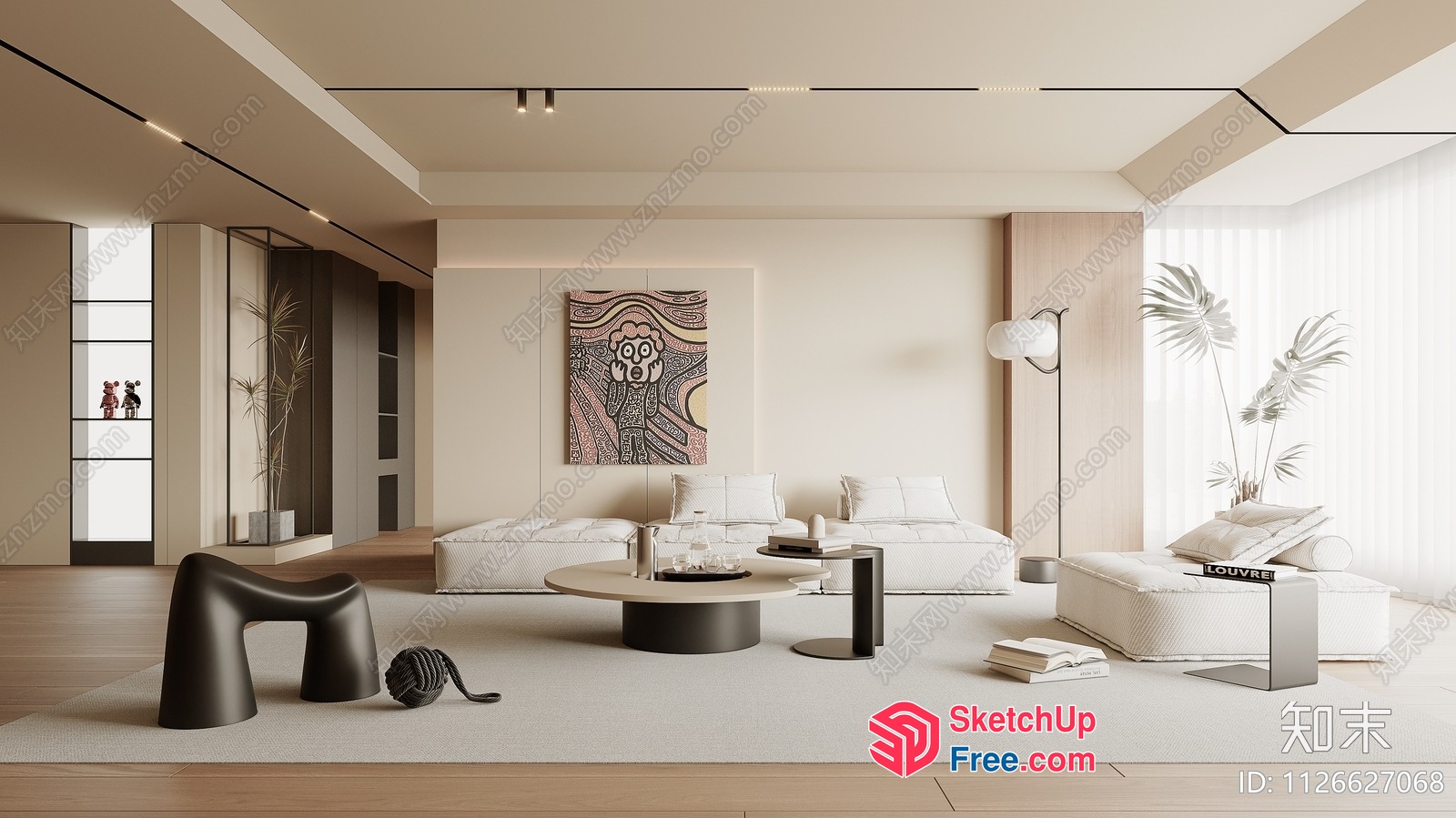 Minimalist Modern Living Room With Creamy Style Furniture 3D SketchUp File
