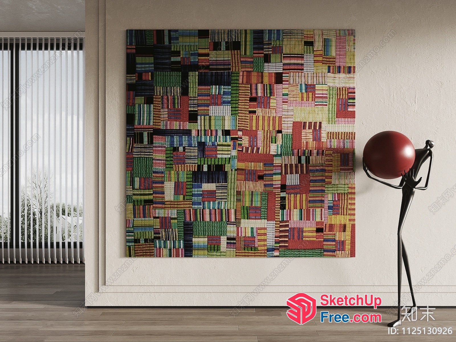 Colorful Patterned Artwork On White Wall With Abstract Sculpture 3D SketchUp File