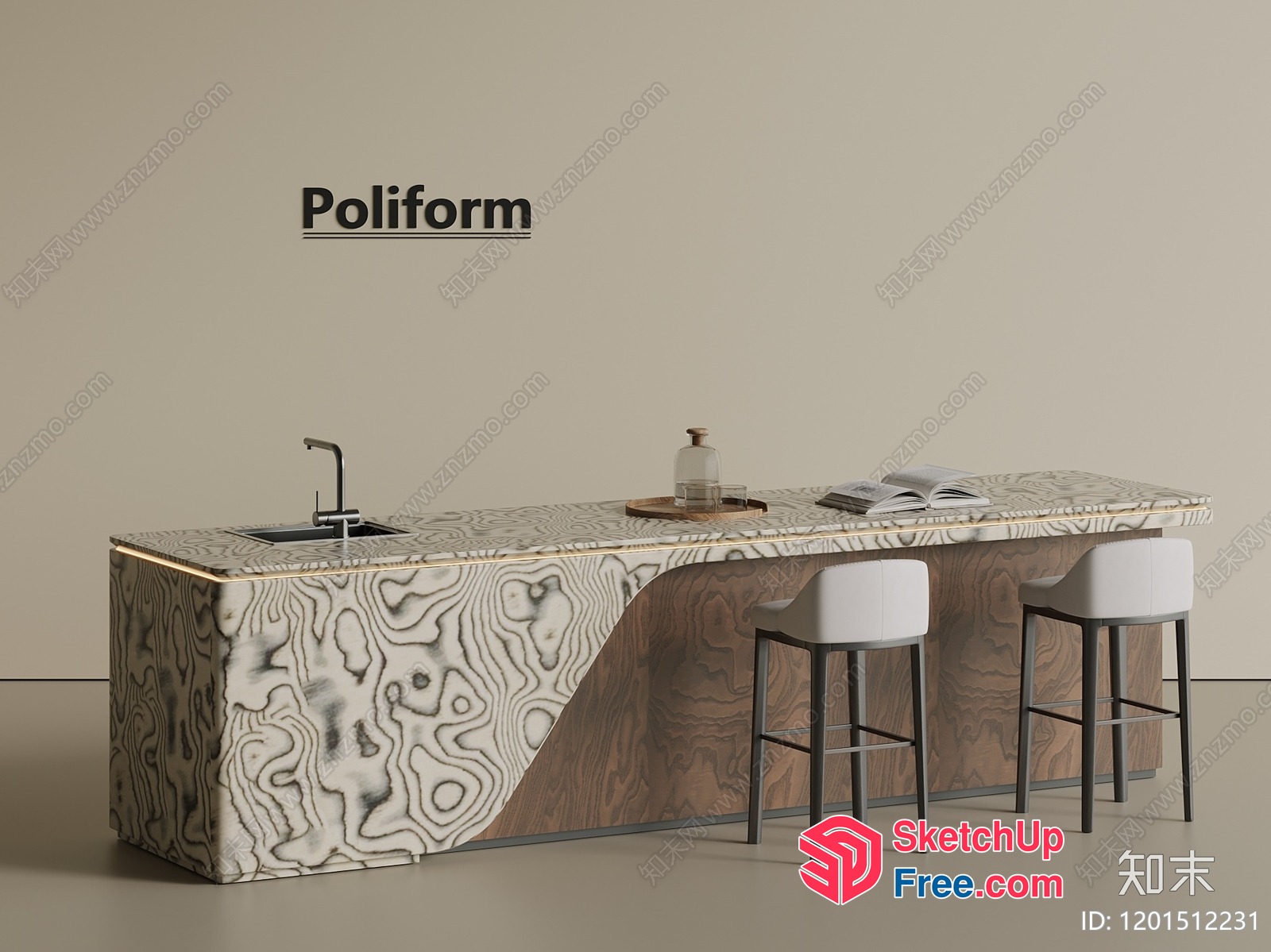 Poliform Marble Countertop Kitchen Island 3D SketchUp File