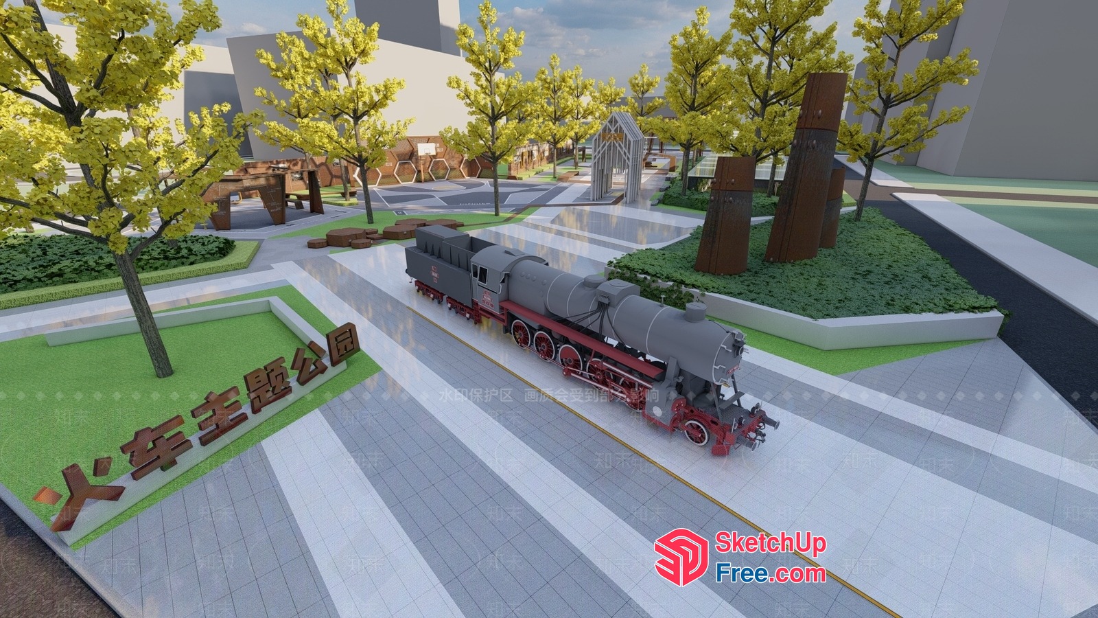 3D Model Of A Train Station With A Train And Trees 3D SketchUp File