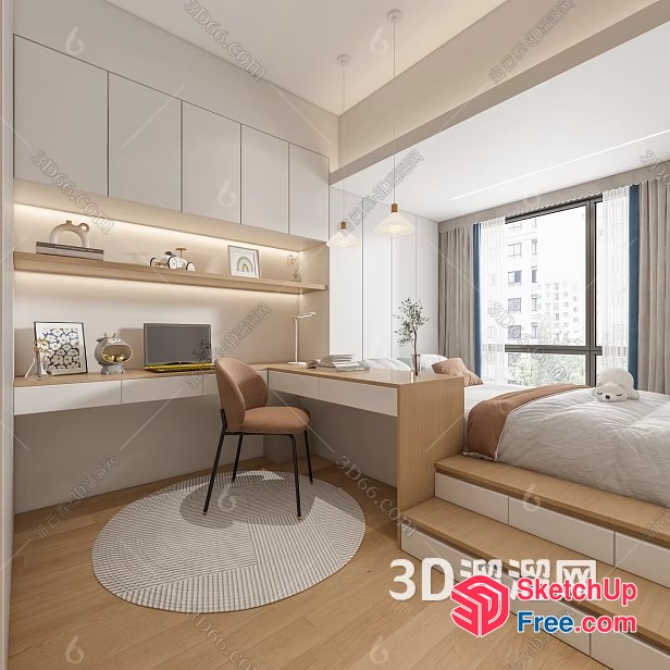 Minimalist Bedroom With Sleek Desk And Staircase 3D SketchUp File