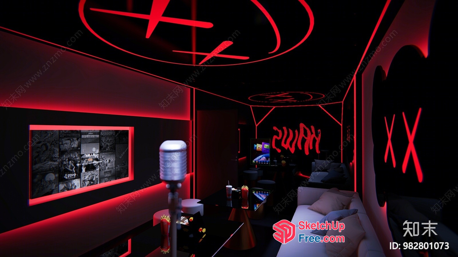 Red-Lit Karaoke Room With Bar And Tv 3D SketchUp File