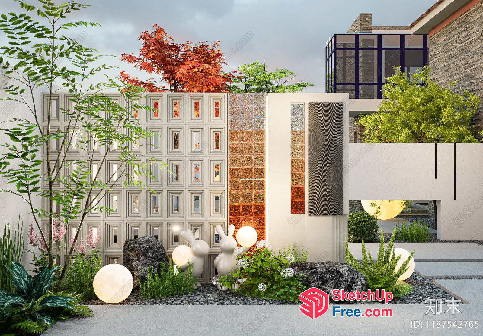 Modern Glass Brick And White Rabbit Decor Exterior 3D SketchUp File