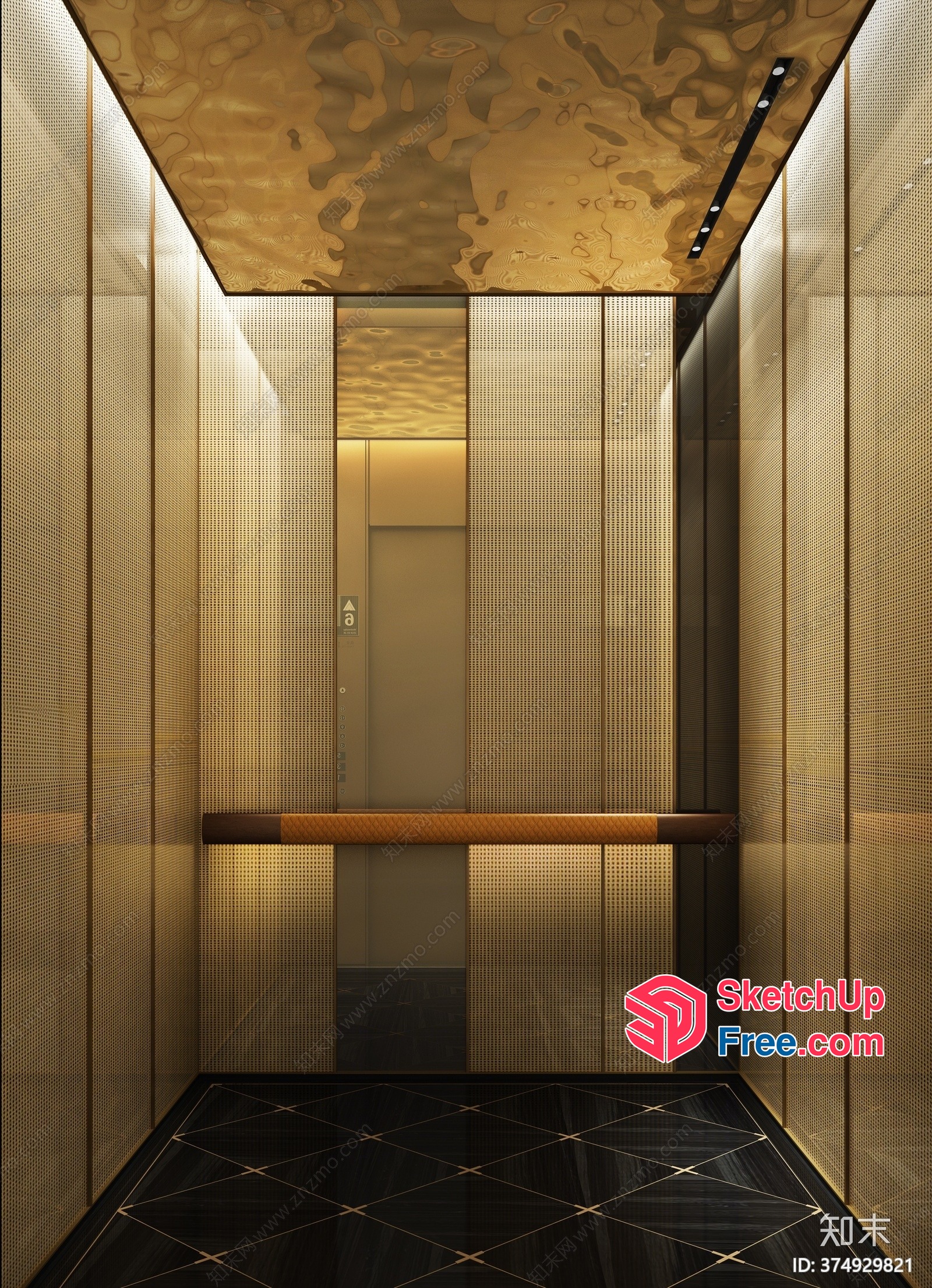 Elevator Interior With Gold Accents And Black Marble Floor 3D SketchUp File