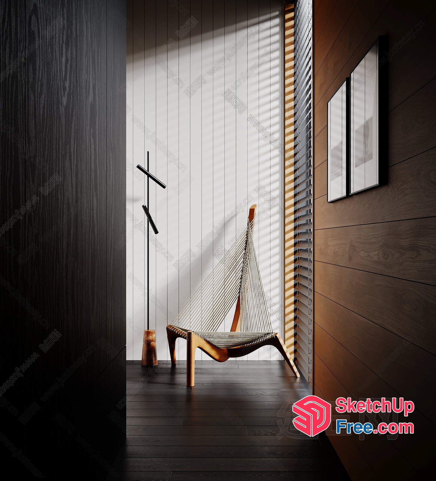 Wooden Chair With Rope Design And Natural Light 3D SketchUp File