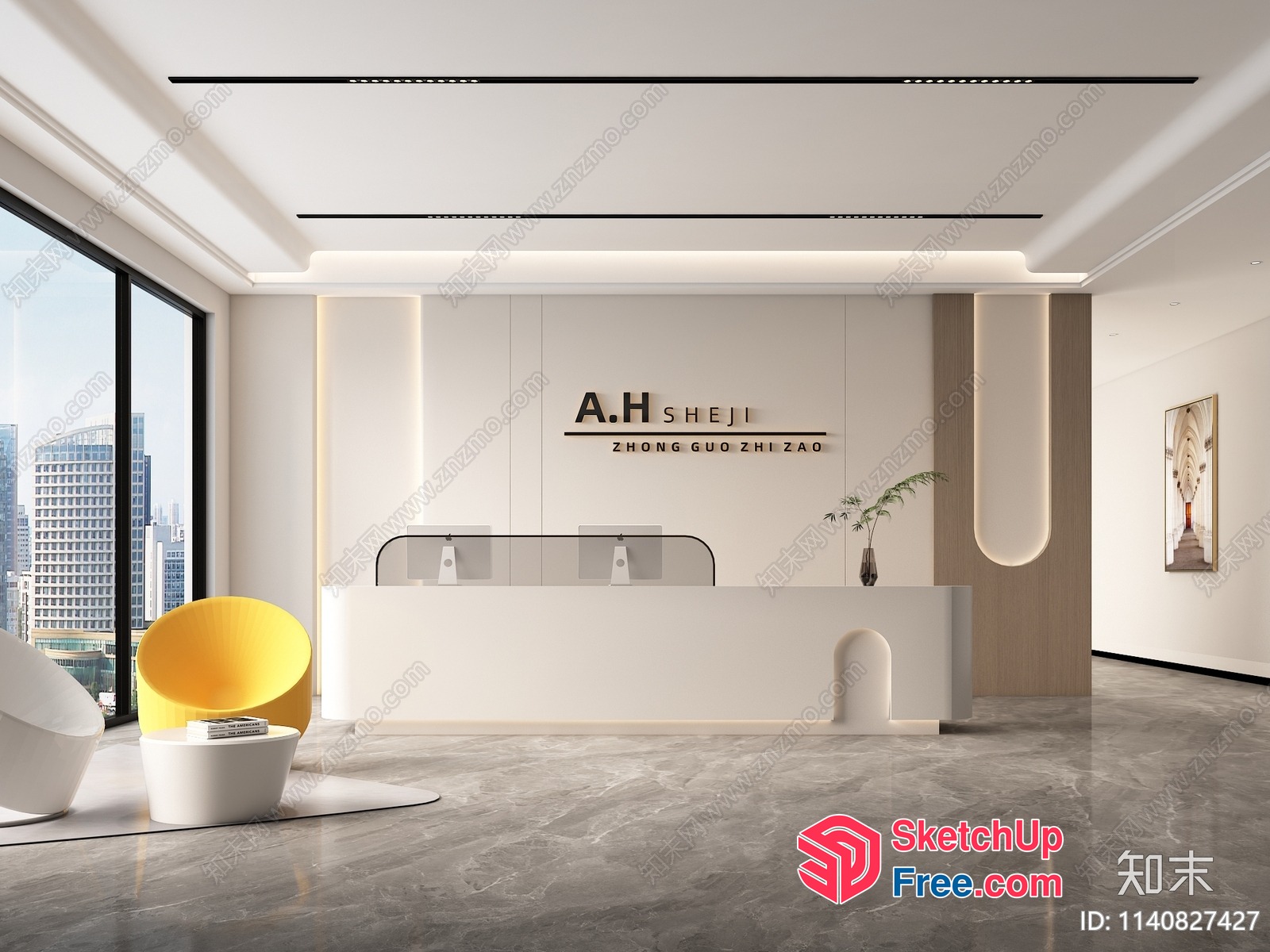 Modern Office Interior With White And Gray Marble Floor 3D SketchUp File