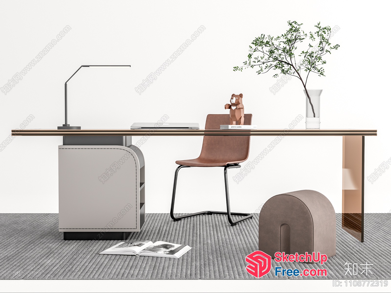 Minimalist Office Desk With Brown Chair And Decorative Items 3D SketchUp File