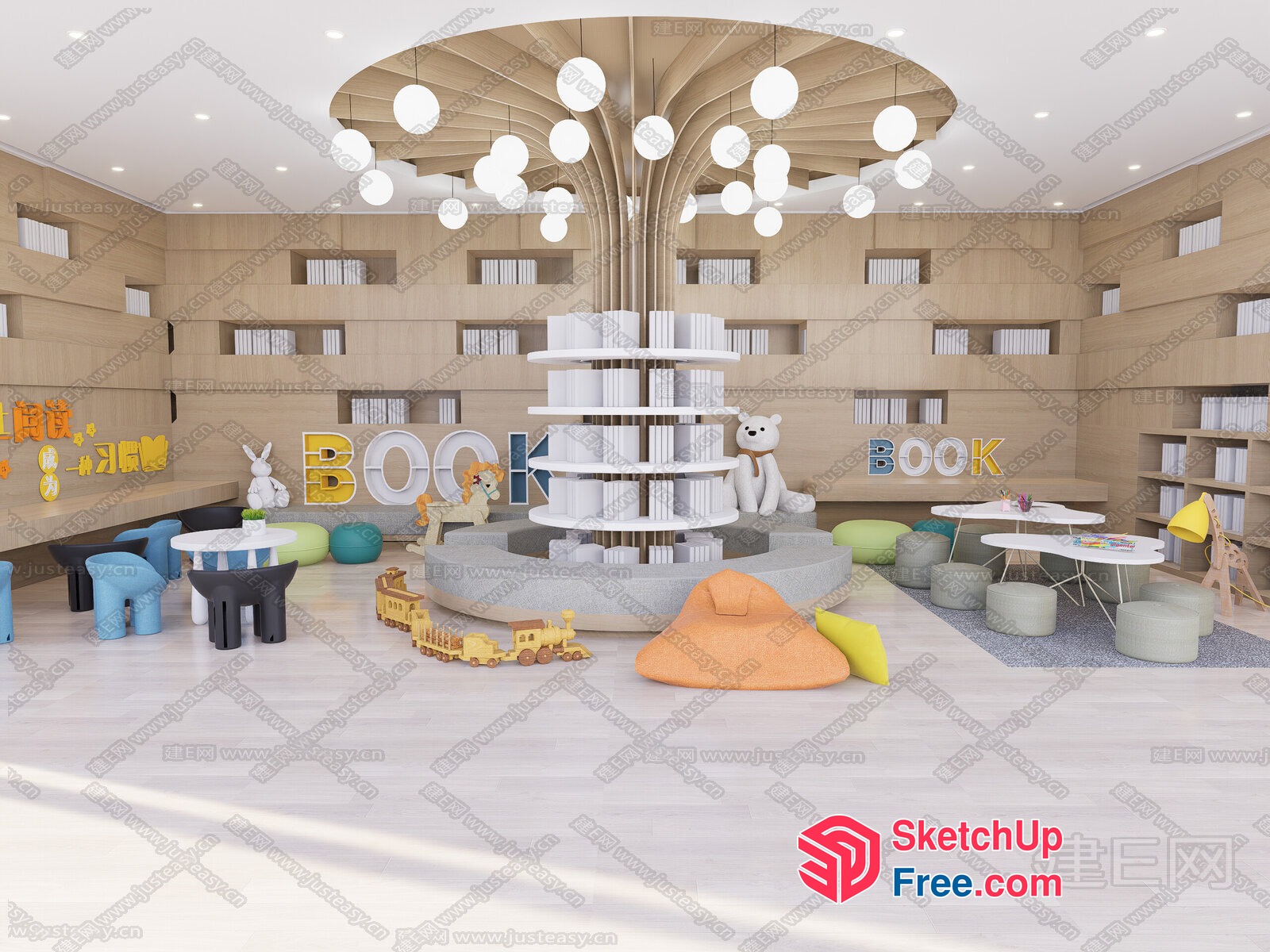 Modern Bookstore Interior With Unique Tree-Shaped Bookshelf 3D SketchUp File