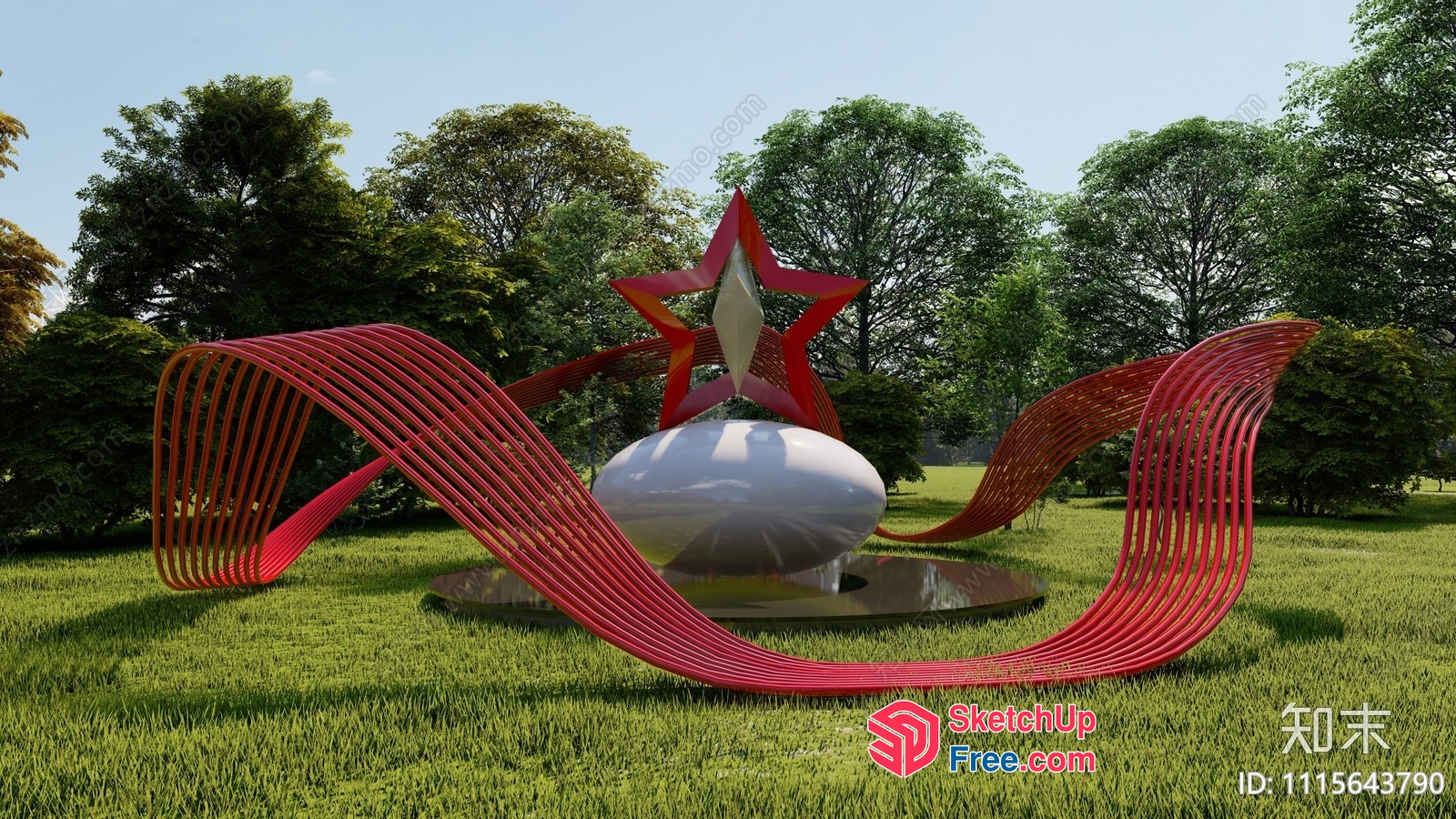 Modern Red And White Sculpture In A Lush Green Field 3D SketchUp File