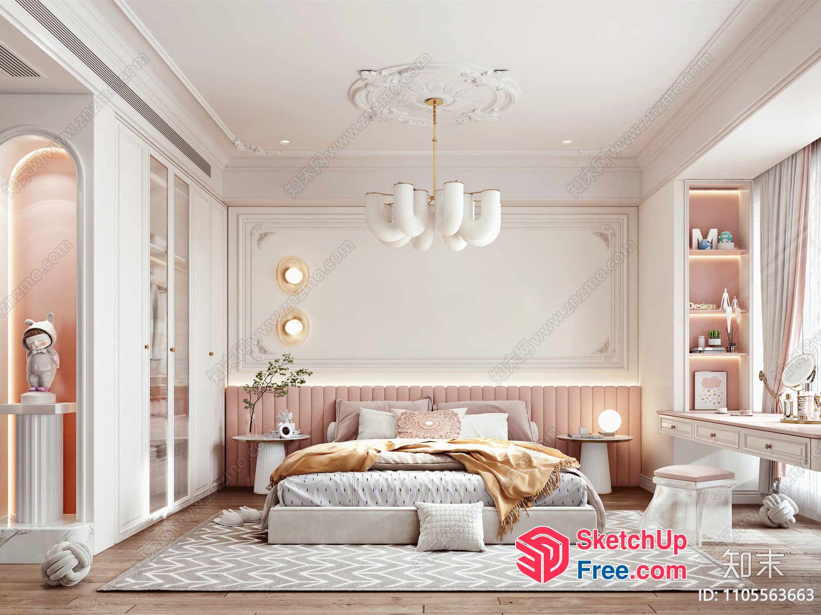 Elegant Modern Bedroom With Creamy Style Decor 3D SketchUp File