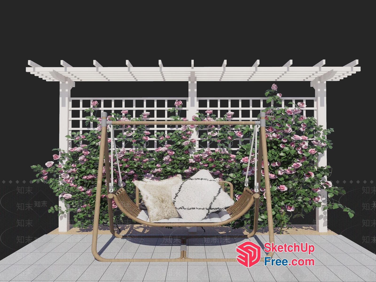 Outdoor Swing Chair With Pergola And Pink Flowers 3D SketchUp File