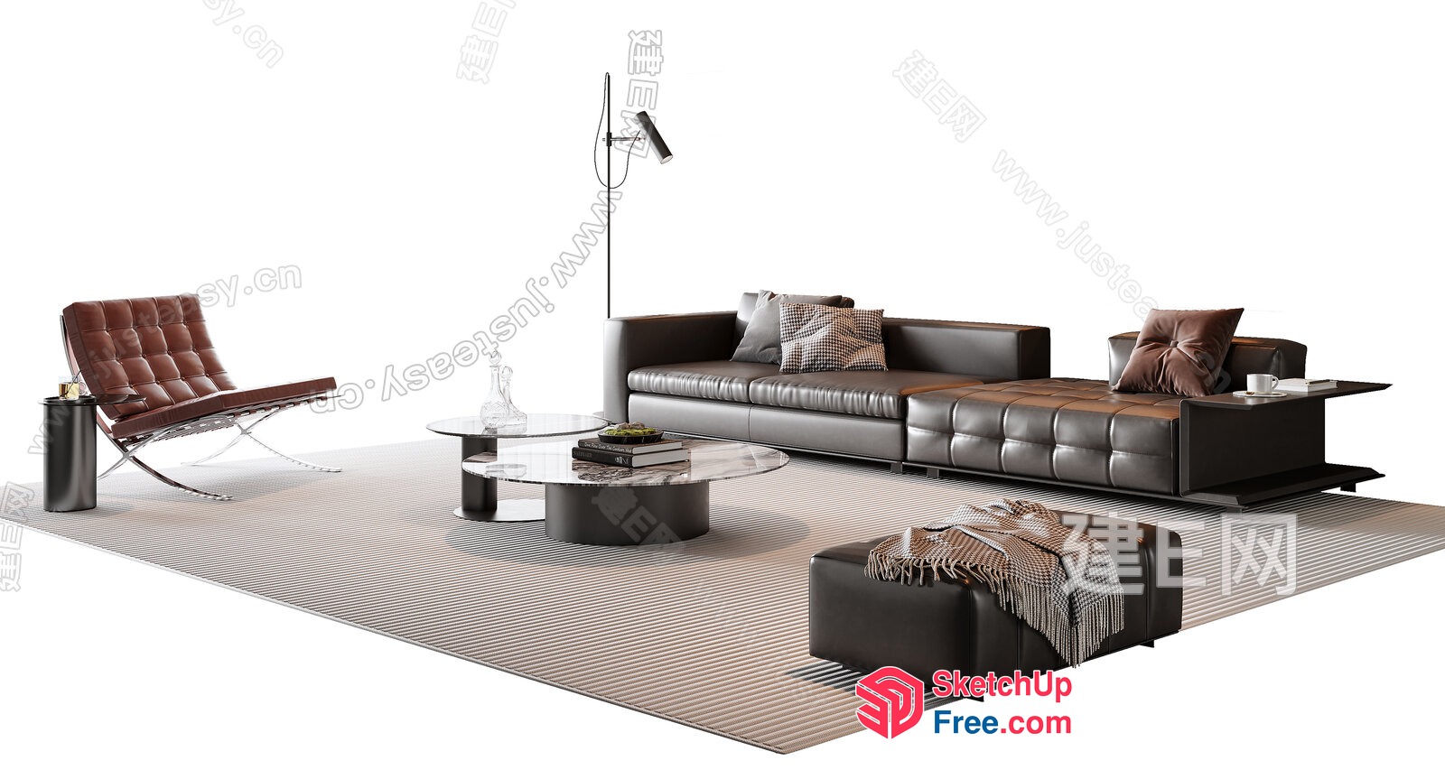 Modern Living Room With Brown Leather Furniture 3D SketchUp File