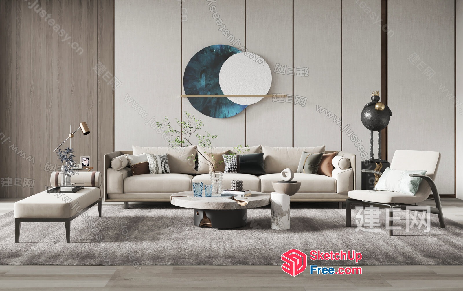 Elegant Modern Living Room With Creamy Style Sofa 3D SketchUp File