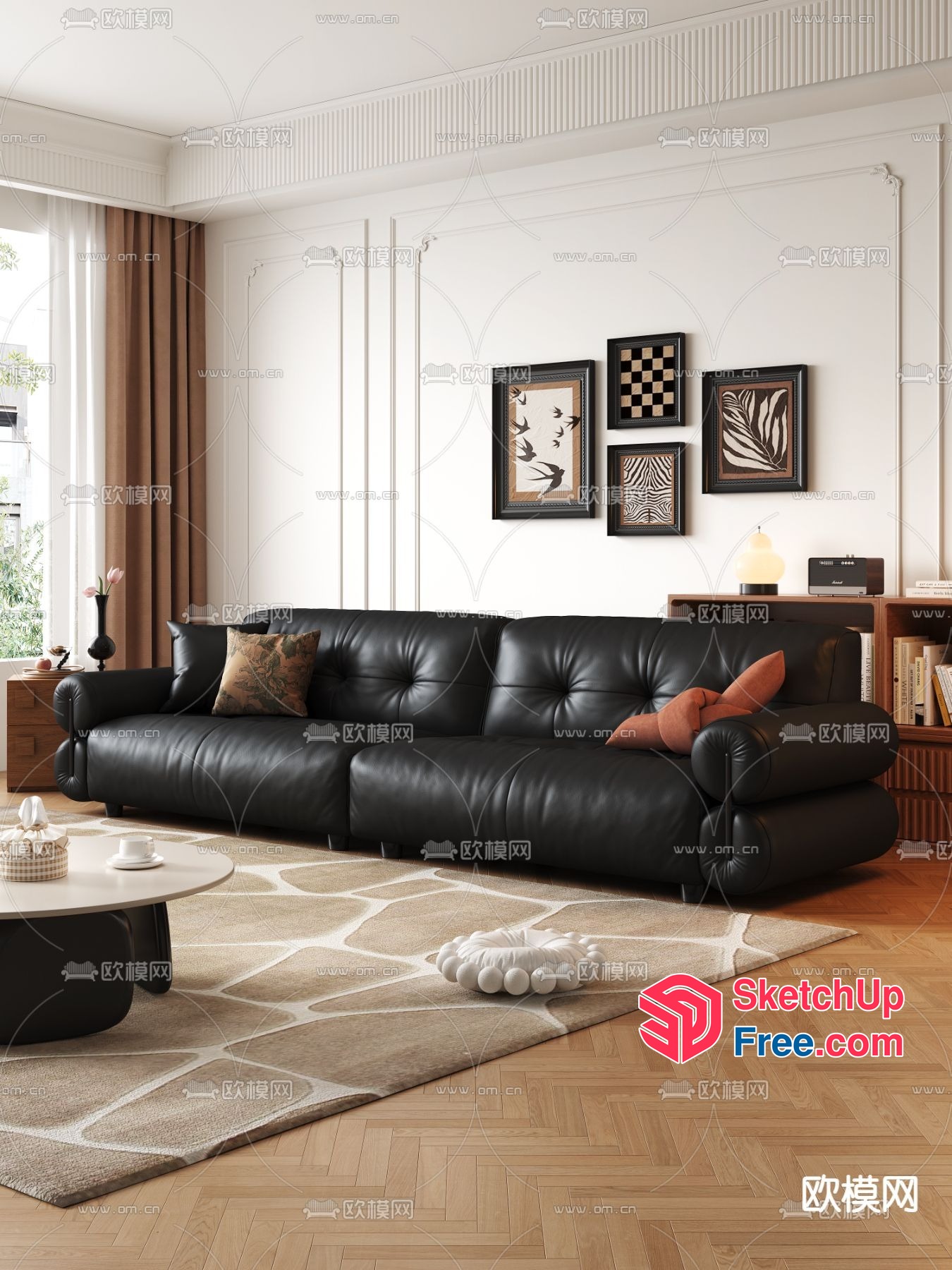 Elegant Living Room With Black Leather Sofa And Natural Wood Flooring 3D SketchUp File