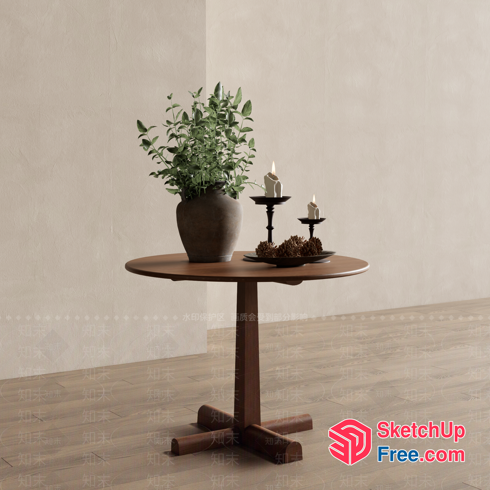 Simple Round Table With Potted Plant And Candles 3D SketchUp File