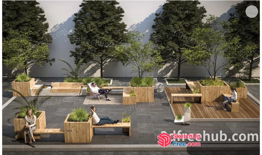 People Relaxing On Wooden Furniture In An Outdoor Setting 3D SketchUp File
