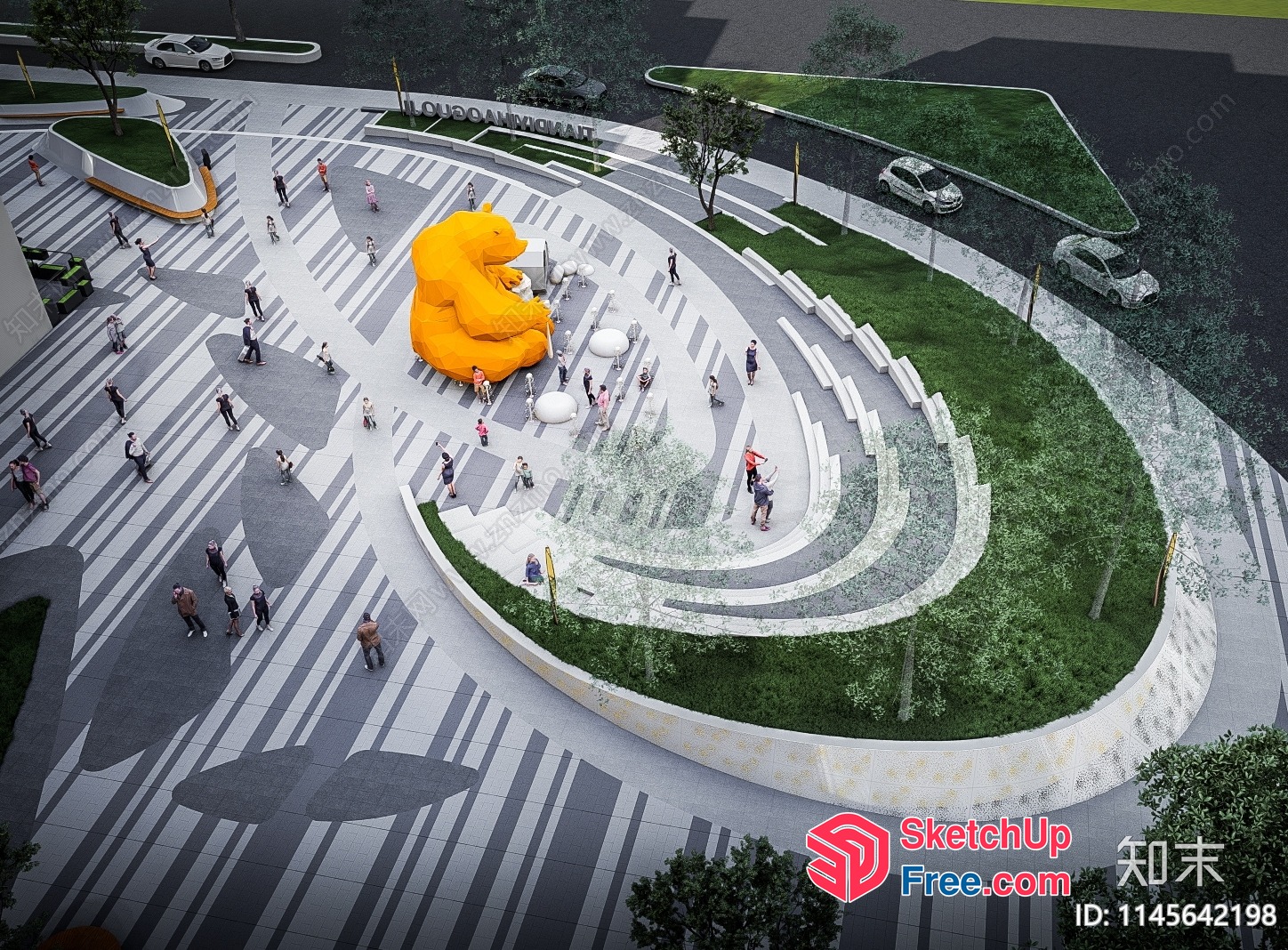 Modern Outdoor Public Space With Large Yellow Bear Statue 3D SketchUp File
