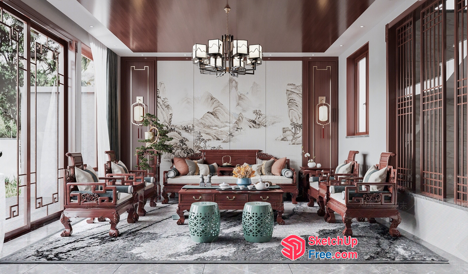 Elegant Chinese-Style Living Room Decor 3D SketchUp File