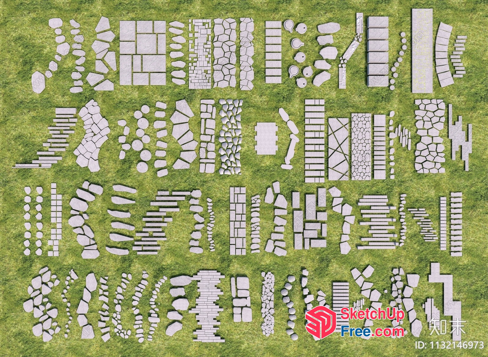 Various Shapes Of Stone Pavers On A Grass Field 3D SketchUp File