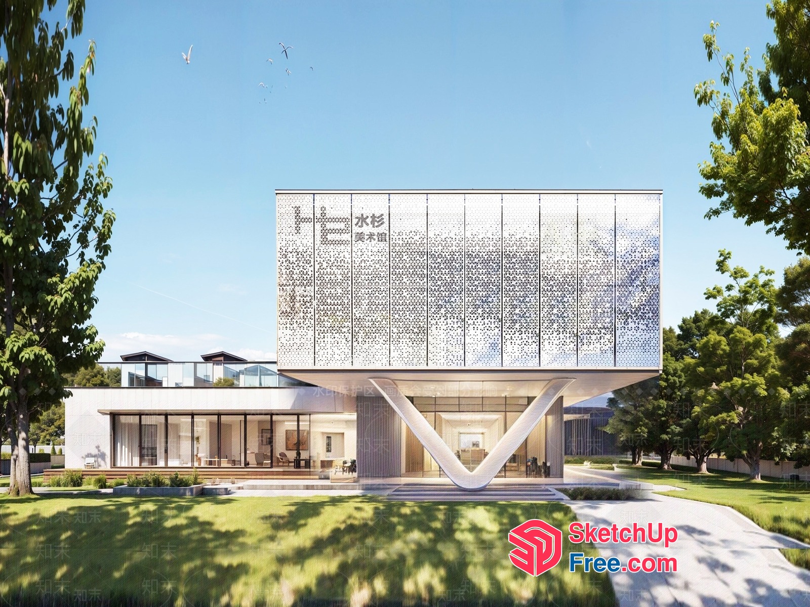 Modern Minimalist Architecture With Glass Curtain Wall 3D SketchUp File