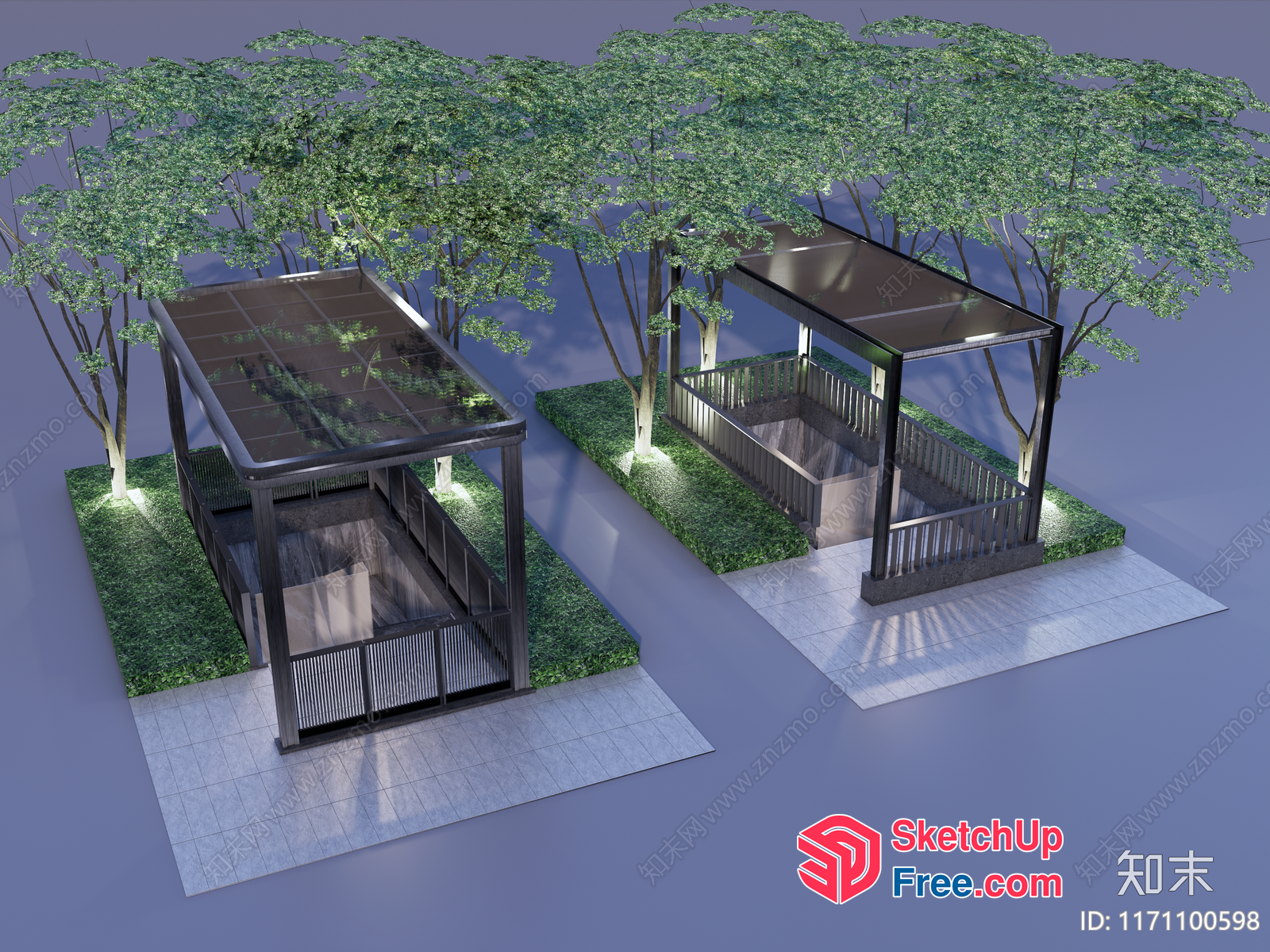 3D Rendering Of Two Modern Outdoor Structures With Glass Roofs And Railings 3D SketchUp File