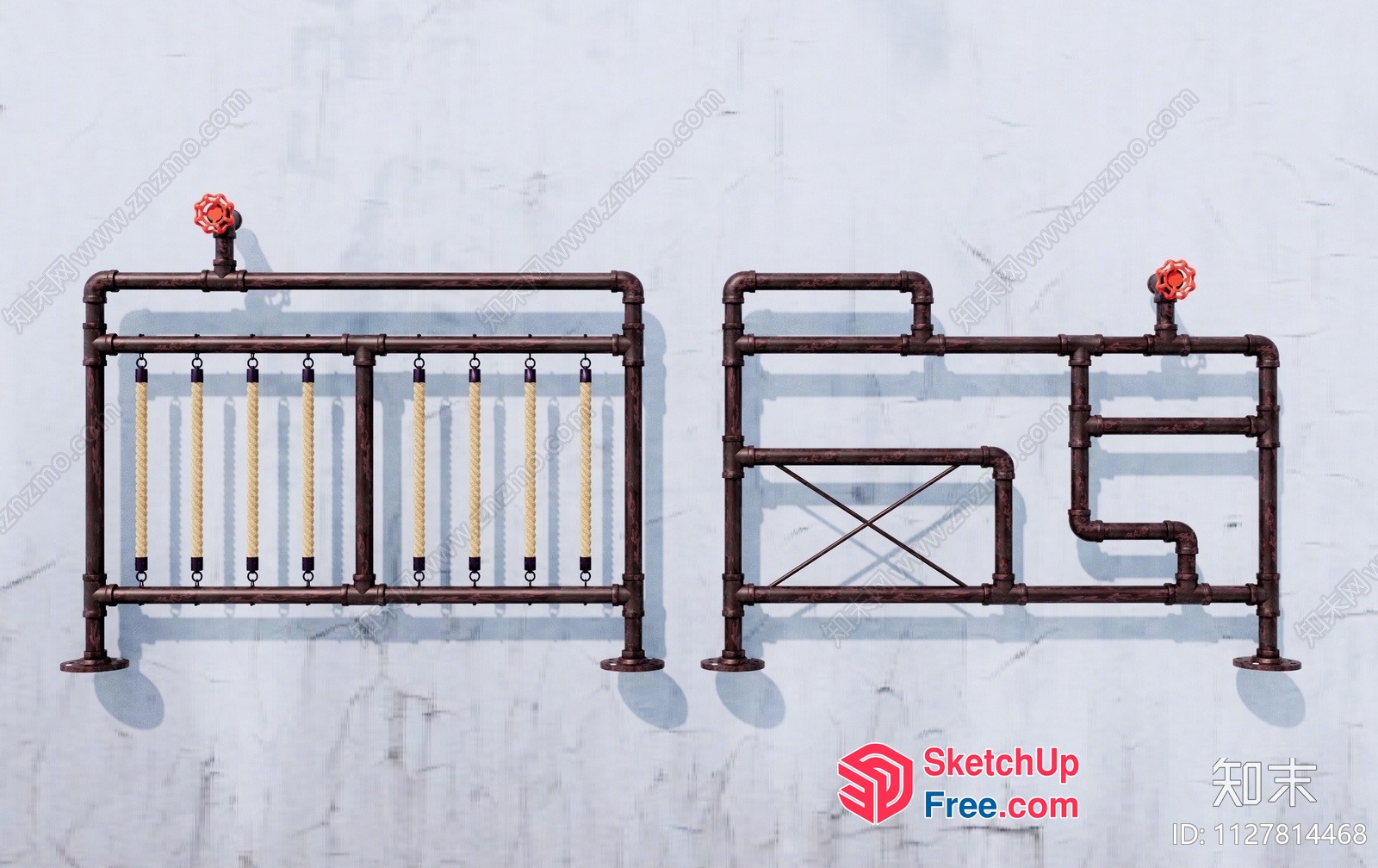 Industrial Pipe Railing With Red Valves 3D SketchUp File