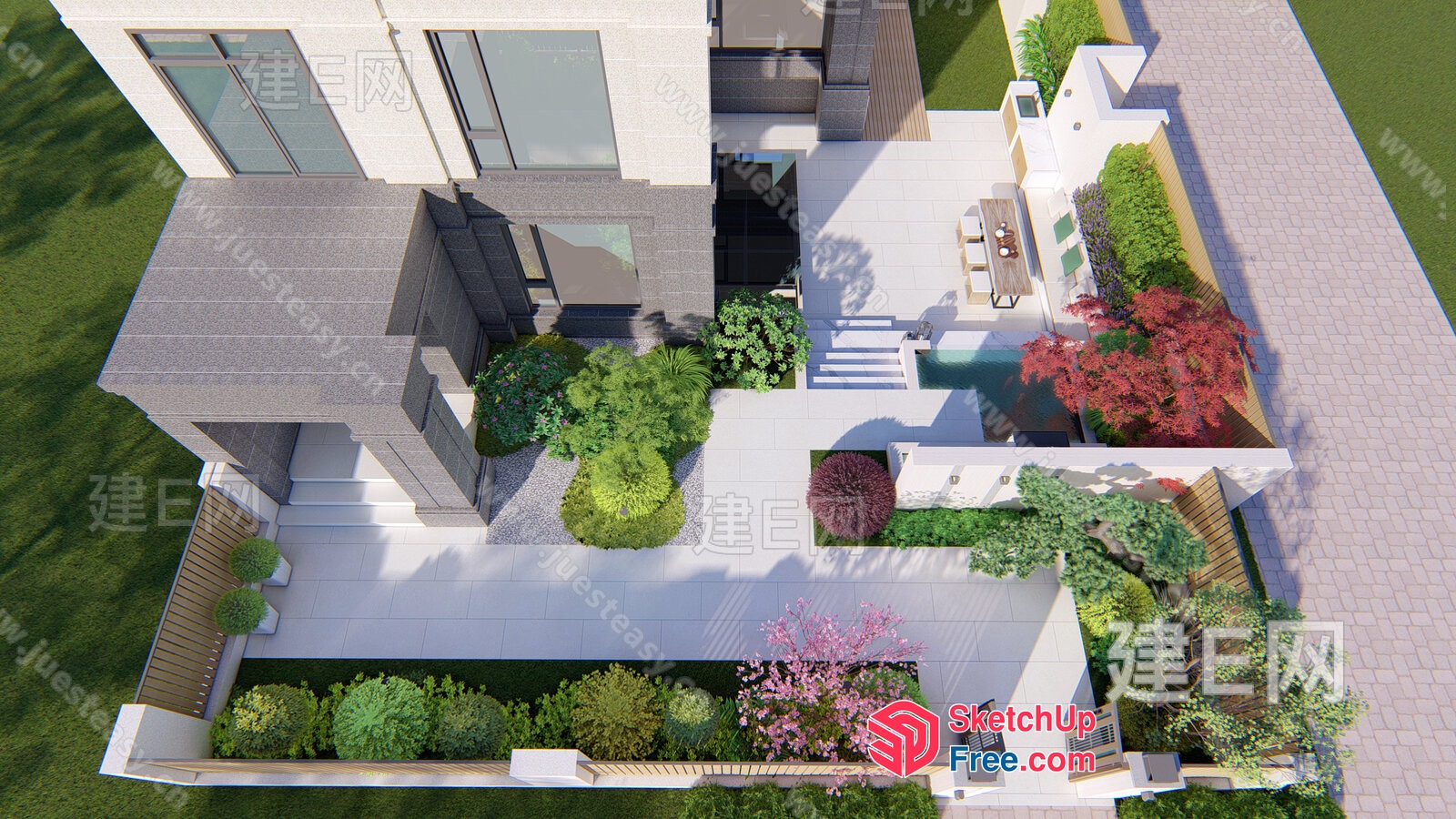 Modern Villa With Lush Greenery And Outdoor Seating 3D SketchUp File