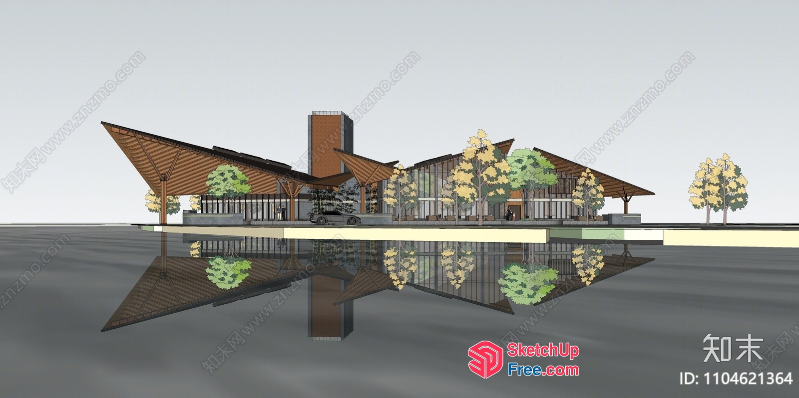 Modern Villa Exterior With Water Reflection And Trees 3D SketchUp File