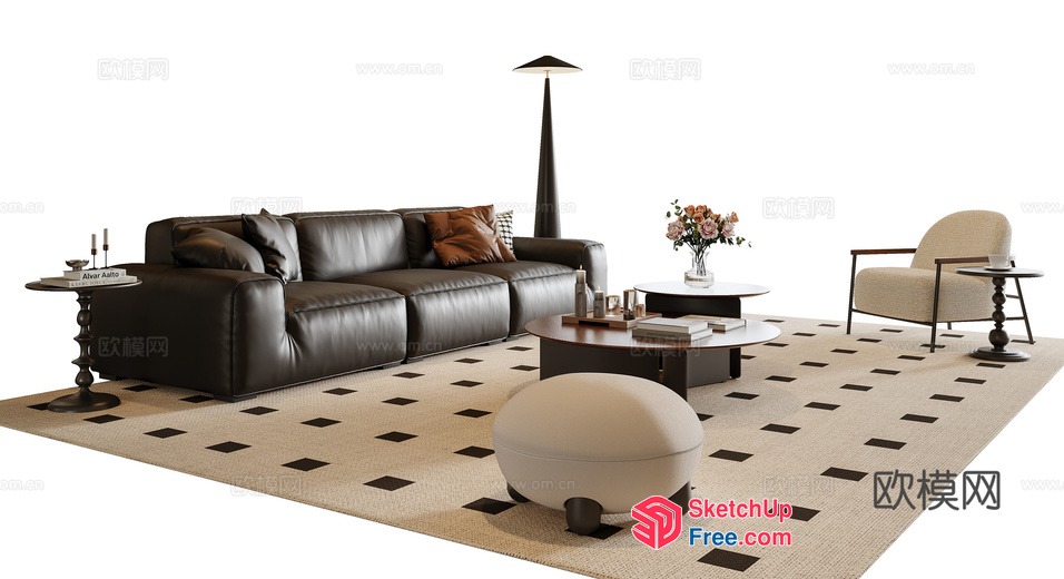 Modern Living Room With Leather Sofa And Patterned Rug 3D SketchUp File