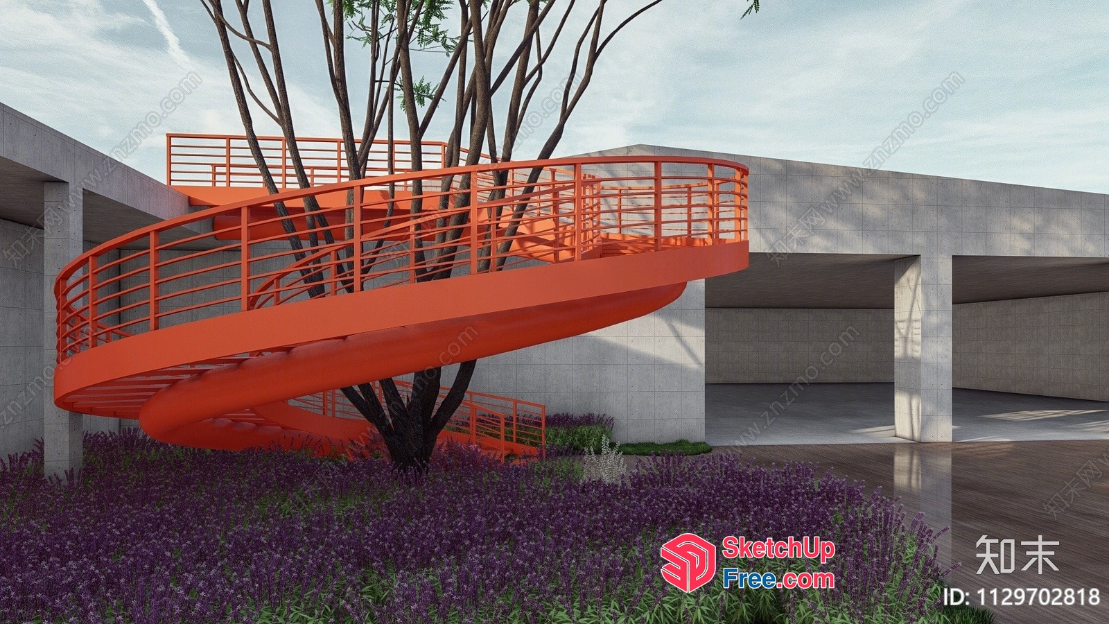 Modern Spiral Staircase And Railing With Tree 3D SketchUp File