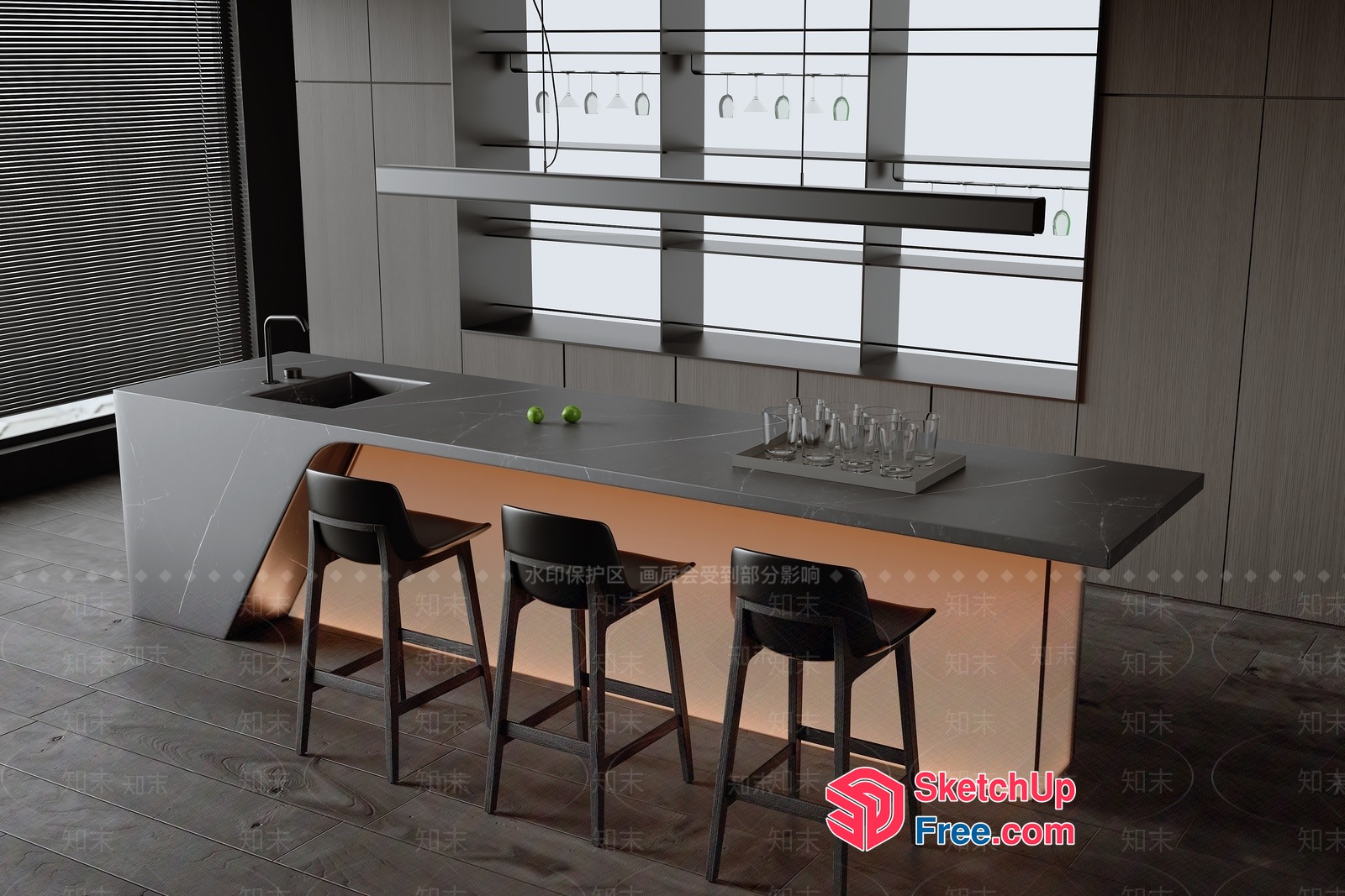 Modern Minimalist Kitchen Island With Built-In Sink 3D SketchUp File