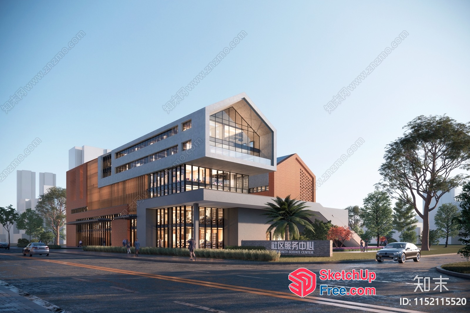 Modern Commercial Building With Glass Curtain Wall And Railing 3D SketchUp File